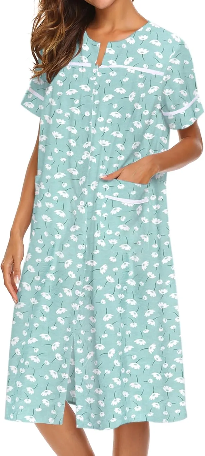 Ekouaer House Dress for Women with Pockets Button Down Duster Housecoat Short Sleeve Mumu Nightgown S-XXXL