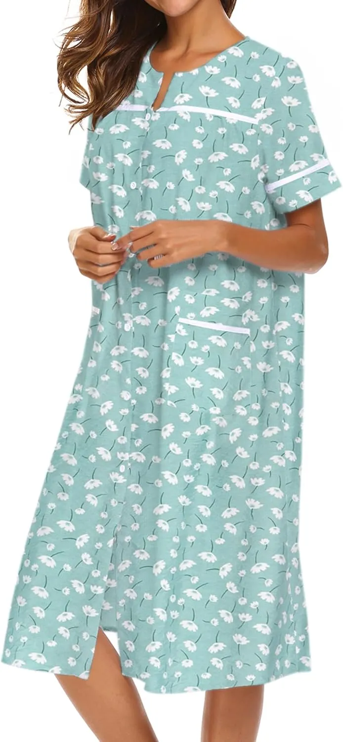 Ekouaer House Dress for Women with Pockets Button Down Duster Housecoat Short Sleeve Mumu Nightgown S-XXXL
