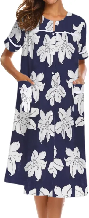 Ekouaer House Dress for Women with Pockets Button Down Duster Housecoat Short Sleeve Mumu Nightgown S-XXXL