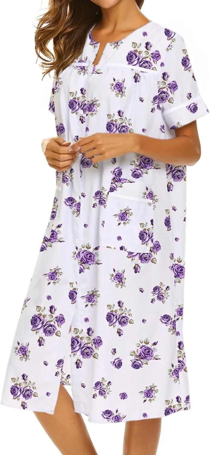 Ekouaer House Dress for Women with Pockets Button Down Duster Housecoat Short Sleeve Mumu Nightgown S-XXXL