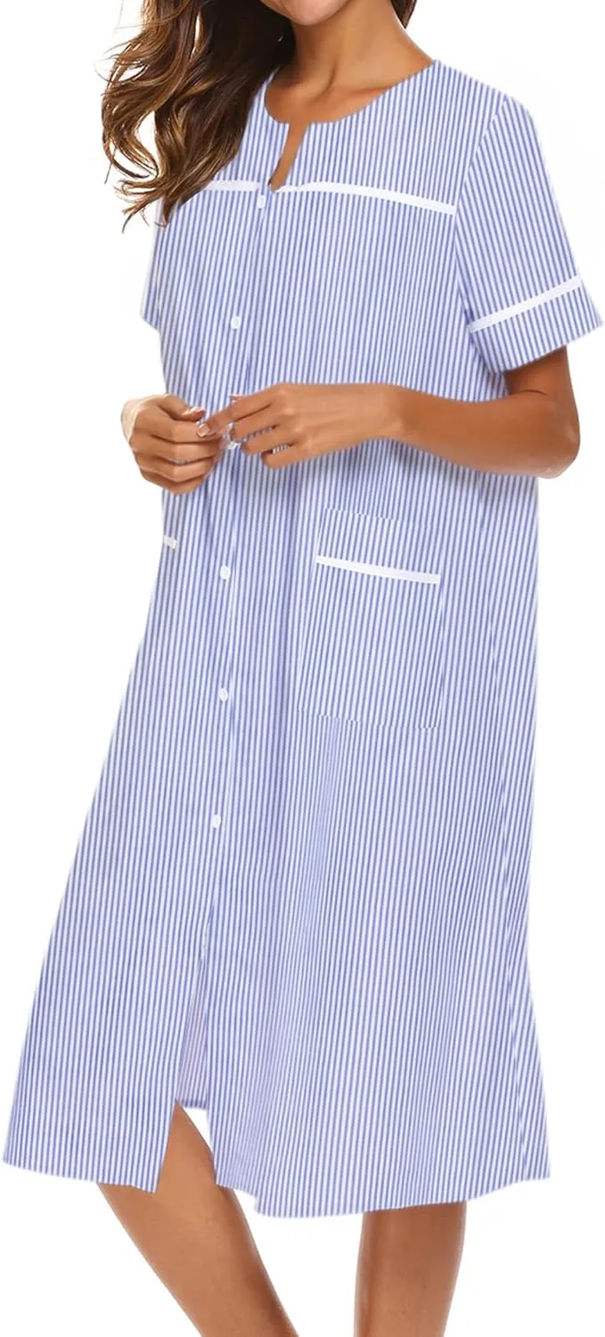 Ekouaer House Dress for Women with Pockets Button Down Duster Housecoat Short Sleeve Mumu Nightgown S-XXXL