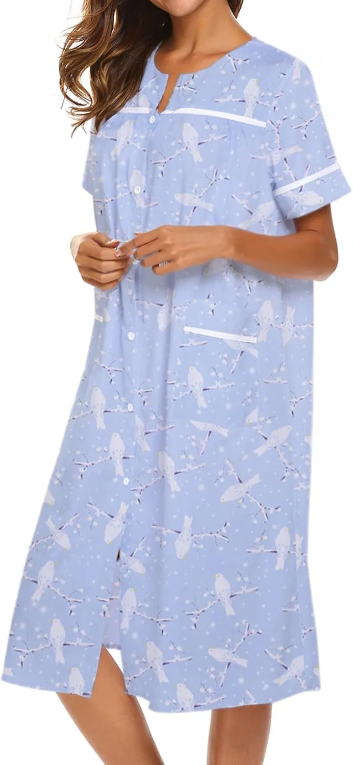 Ekouaer House Dress for Women with Pockets Button Down Duster Housecoat Short Sleeve Mumu Nightgown S-XXXL
