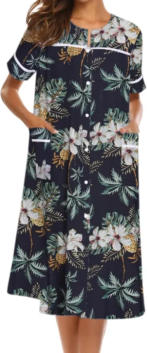 Ekouaer House Dress for Women with Pockets Button Down Duster Housecoat Short Sleeve Mumu Nightgown S-XXXL