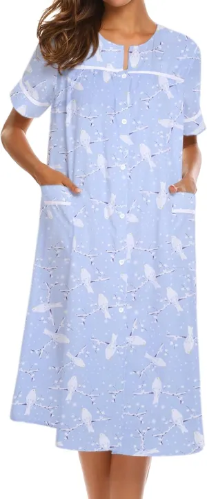 Ekouaer House Dress for Women with Pockets Button Down Duster Housecoat Short Sleeve Mumu Nightgown S-XXXL