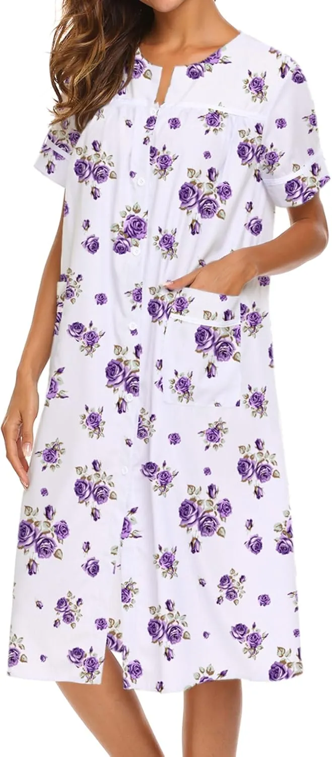Ekouaer House Dress for Women with Pockets Button Down Duster Housecoat Short Sleeve Mumu Nightgown S-XXXL