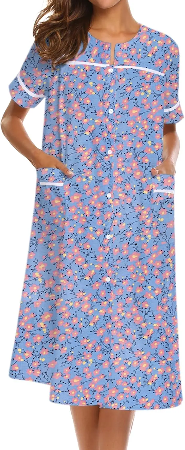 Ekouaer House Dress for Women with Pockets Button Down Duster Housecoat Short Sleeve Mumu Nightgown S-XXXL