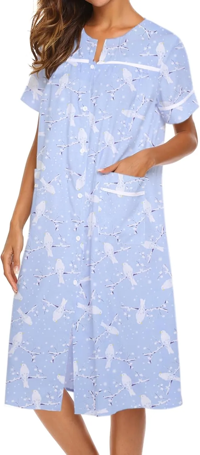 Ekouaer House Dress for Women with Pockets Button Down Duster Housecoat Short Sleeve Mumu Nightgown S-XXXL