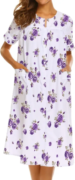 Ekouaer House Dress for Women with Pockets Button Down Duster Housecoat Short Sleeve Mumu Nightgown S-XXXL