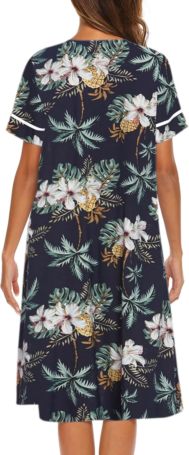 Ekouaer House Dress for Women with Pockets Button Down Duster Housecoat Short Sleeve Mumu Nightgown S-XXXL