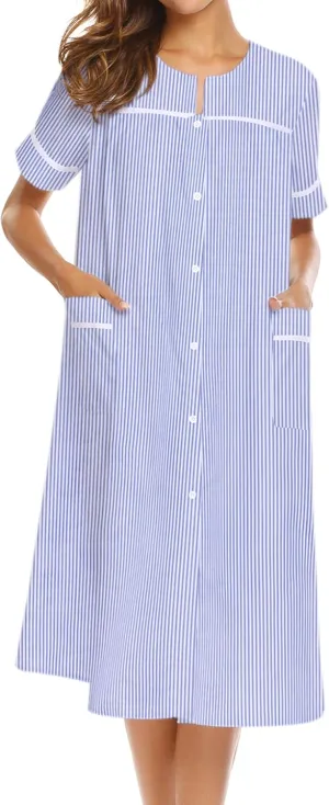 Ekouaer House Dress for Women with Pockets Button Down Duster Housecoat Short Sleeve Mumu Nightgown S-XXXL