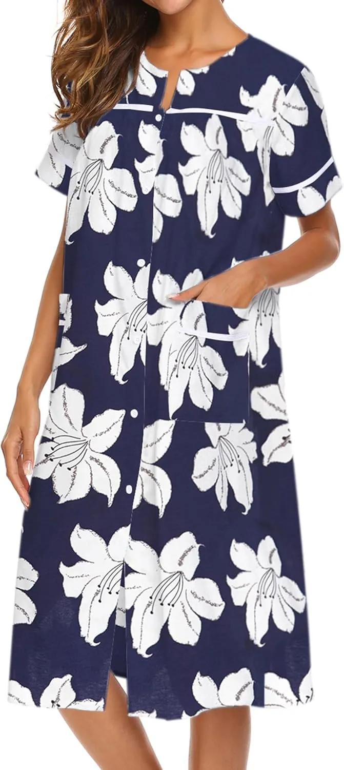 Ekouaer House Dress for Women with Pockets Button Down Duster Housecoat Short Sleeve Mumu Nightgown S-XXXL