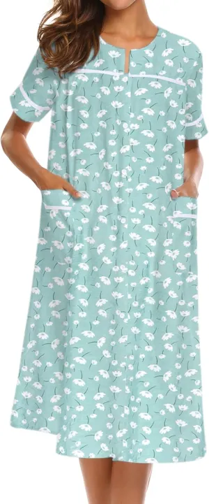 Ekouaer House Dress for Women with Pockets Button Down Duster Housecoat Short Sleeve Mumu Nightgown S-XXXL