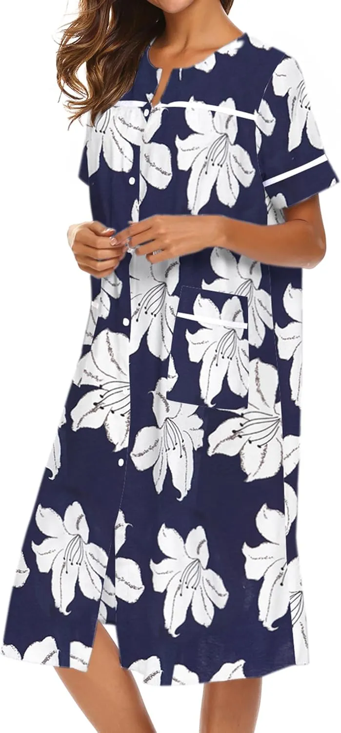 Ekouaer House Dress for Women with Pockets Button Down Duster Housecoat Short Sleeve Mumu Nightgown S-XXXL