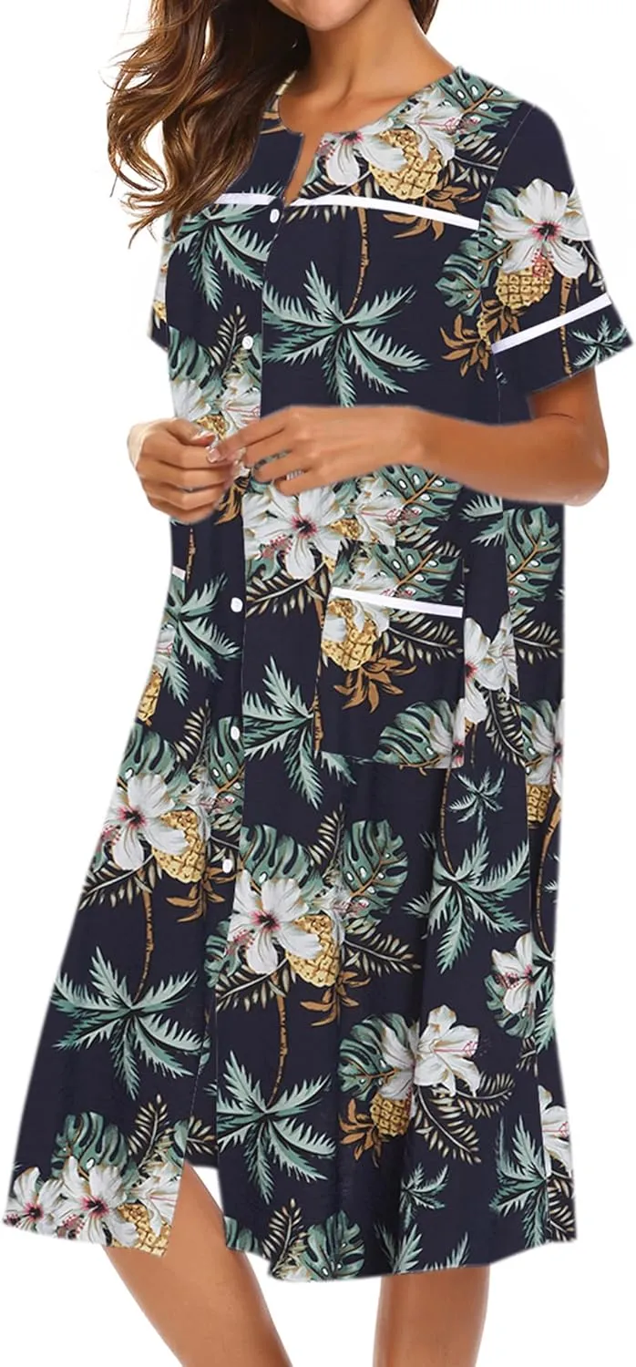 Ekouaer House Dress for Women with Pockets Button Down Duster Housecoat Short Sleeve Mumu Nightgown S-XXXL