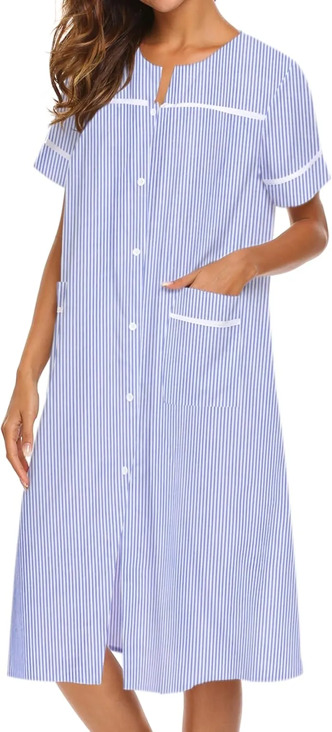Ekouaer House Dress for Women with Pockets Button Down Duster Housecoat Short Sleeve Mumu Nightgown S-XXXL