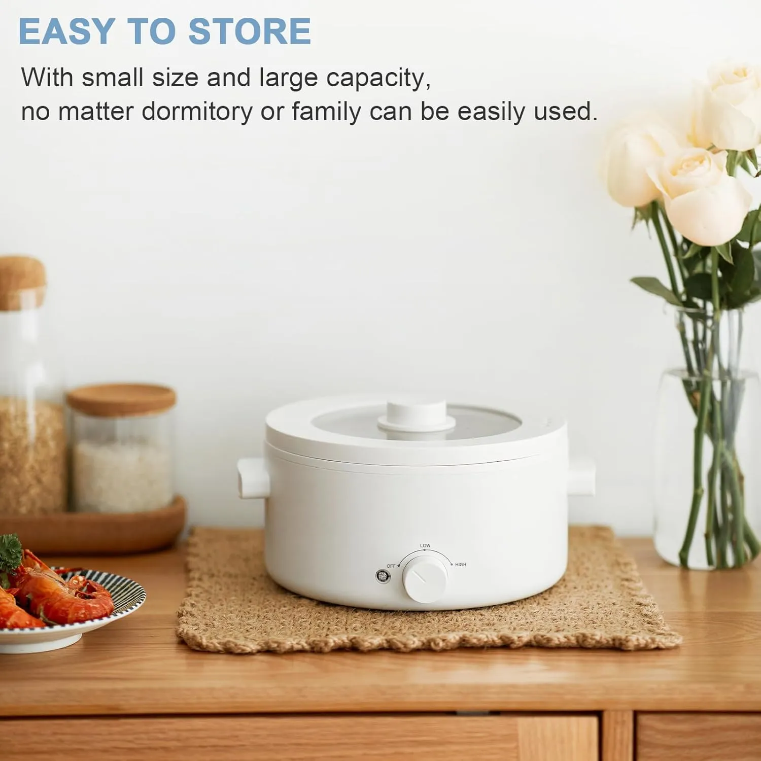 Electric Cooker, 2L Ceramic Glaze Non-stick Pot, Dual Power Multi-functional Electric Cooker, Suitable for Steak, Pasta, Hot Pot, Ramen, Quick Heating and Overheat Protection