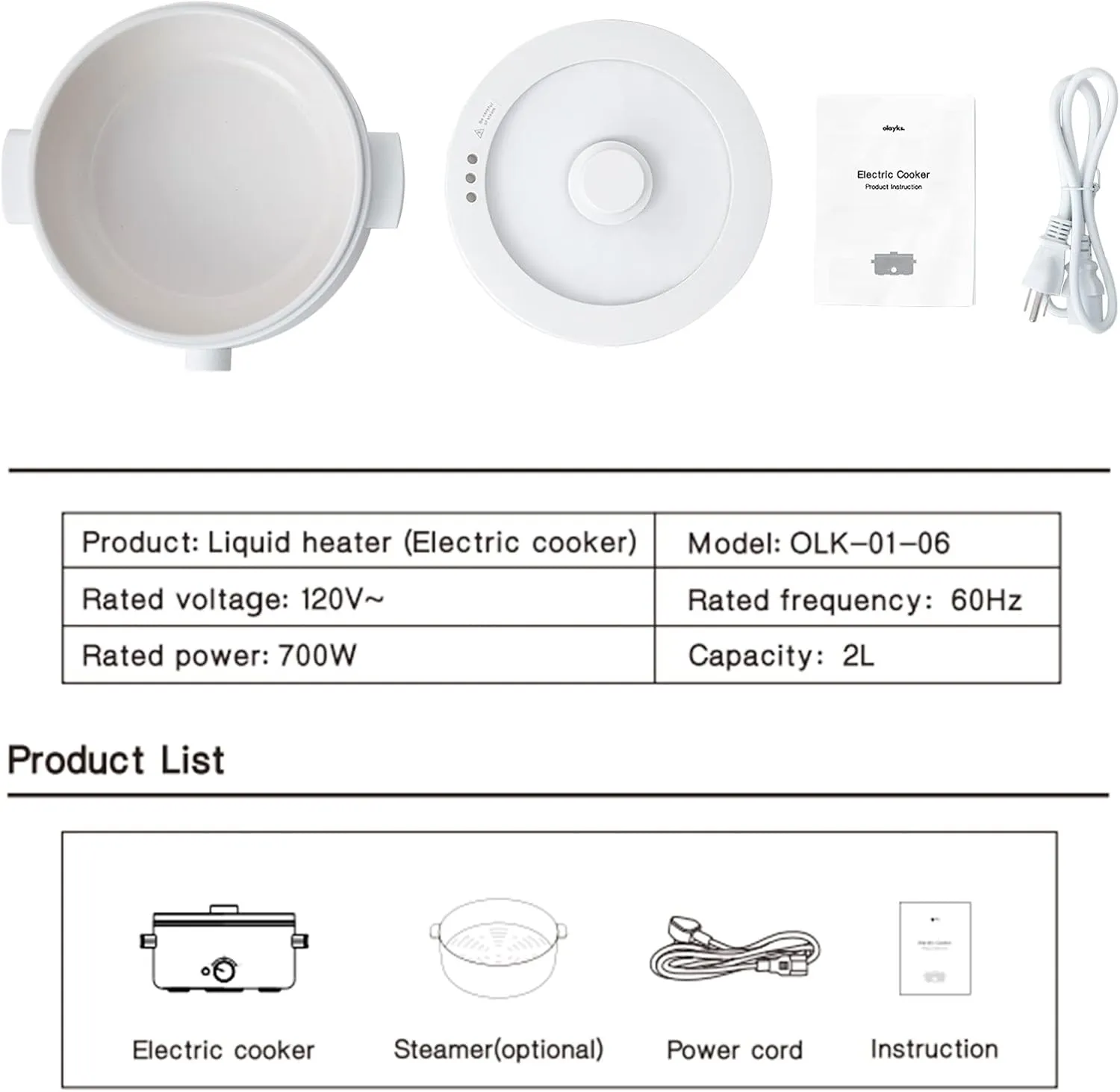 Electric Cooker, 2L Ceramic Glaze Non-stick Pot, Dual Power Multi-functional Electric Cooker, Suitable for Steak, Pasta, Hot Pot, Ramen, Quick Heating and Overheat Protection