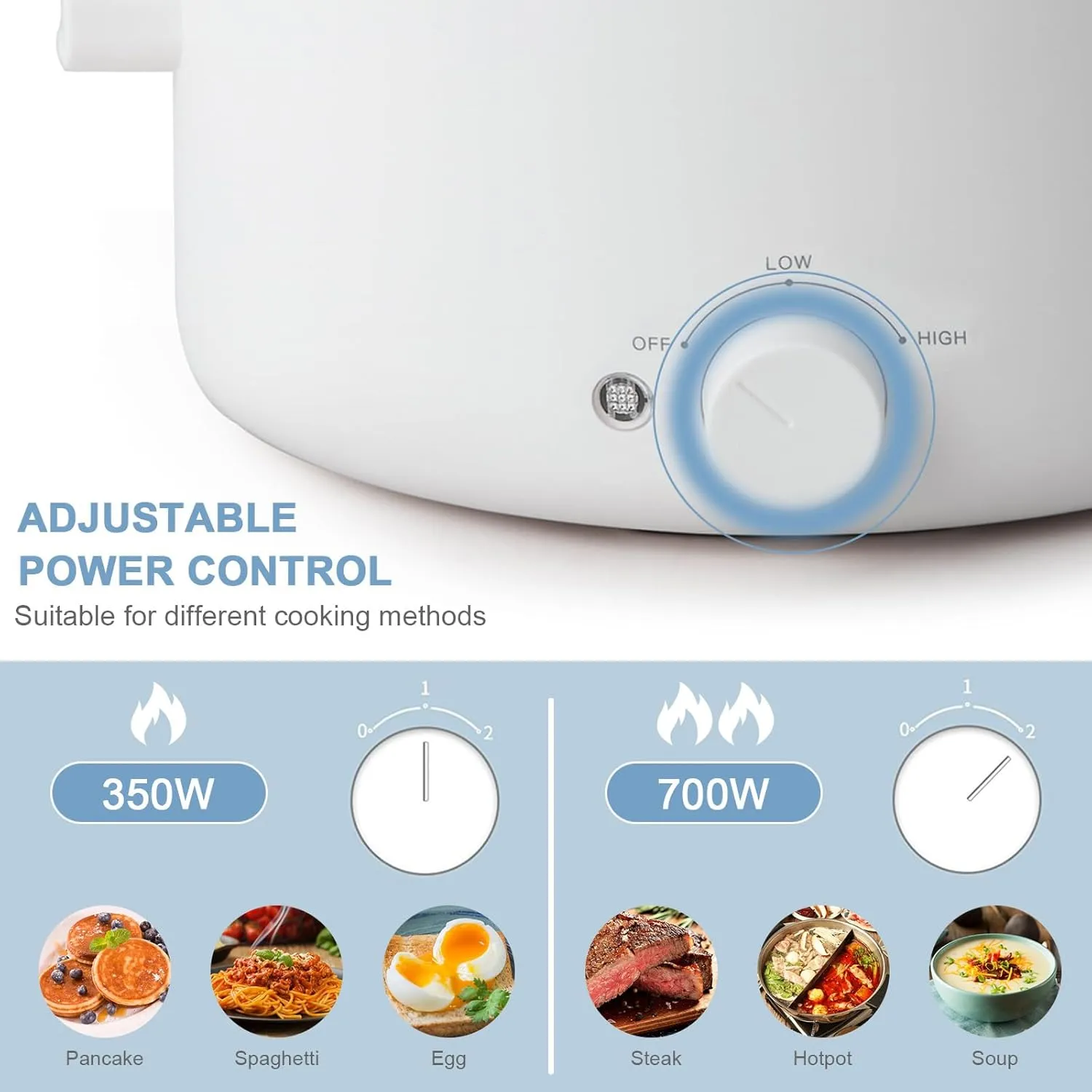 Electric Cooker, 2L Ceramic Glaze Non-stick Pot, Dual Power Multi-functional Electric Cooker, Suitable for Steak, Pasta, Hot Pot, Ramen, Quick Heating and Overheat Protection
