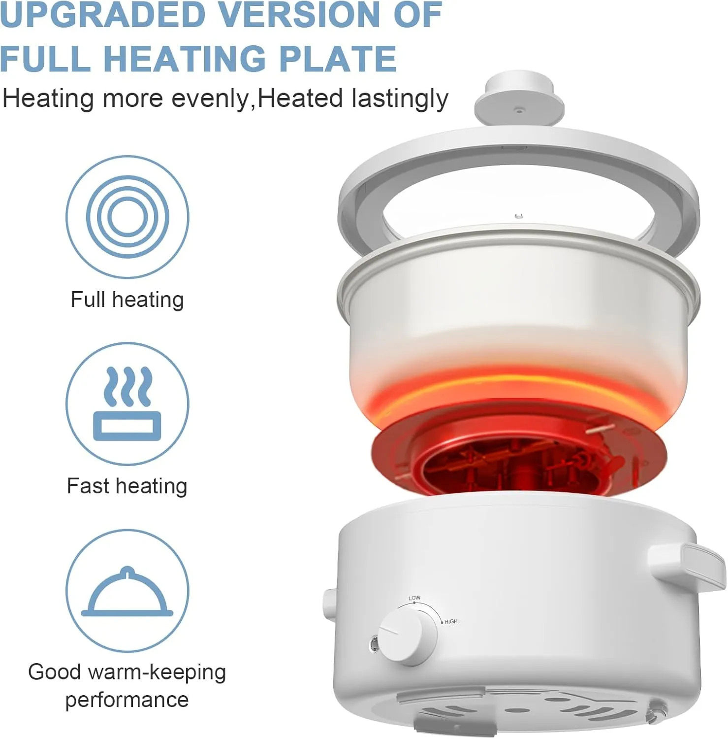 Electric Cooker, 2L Ceramic Glaze Non-stick Pot, Dual Power Multi-functional Electric Cooker, Suitable for Steak, Pasta, Hot Pot, Ramen, Quick Heating and Overheat Protection