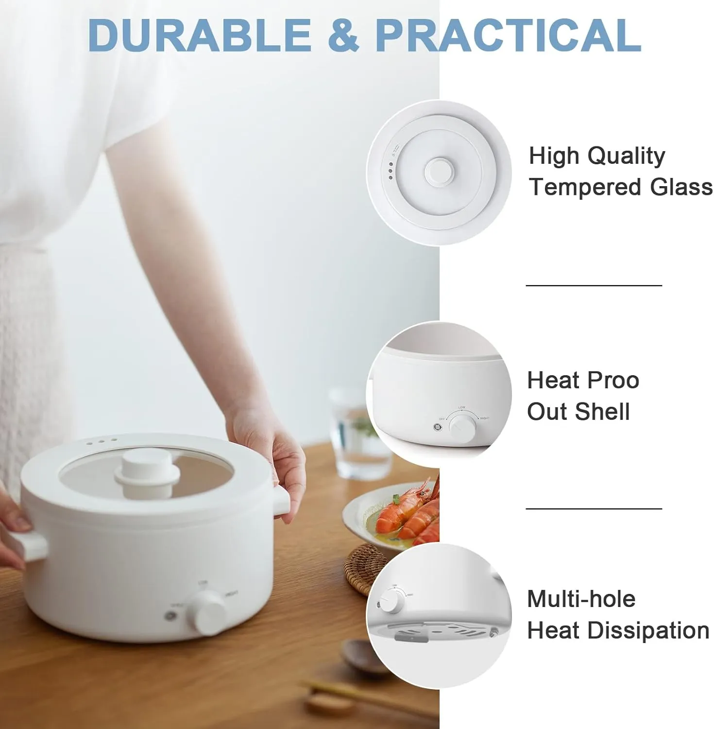 Electric Cooker, 2L Ceramic Glaze Non-stick Pot, Dual Power Multi-functional Electric Cooker, Suitable for Steak, Pasta, Hot Pot, Ramen, Quick Heating and Overheat Protection