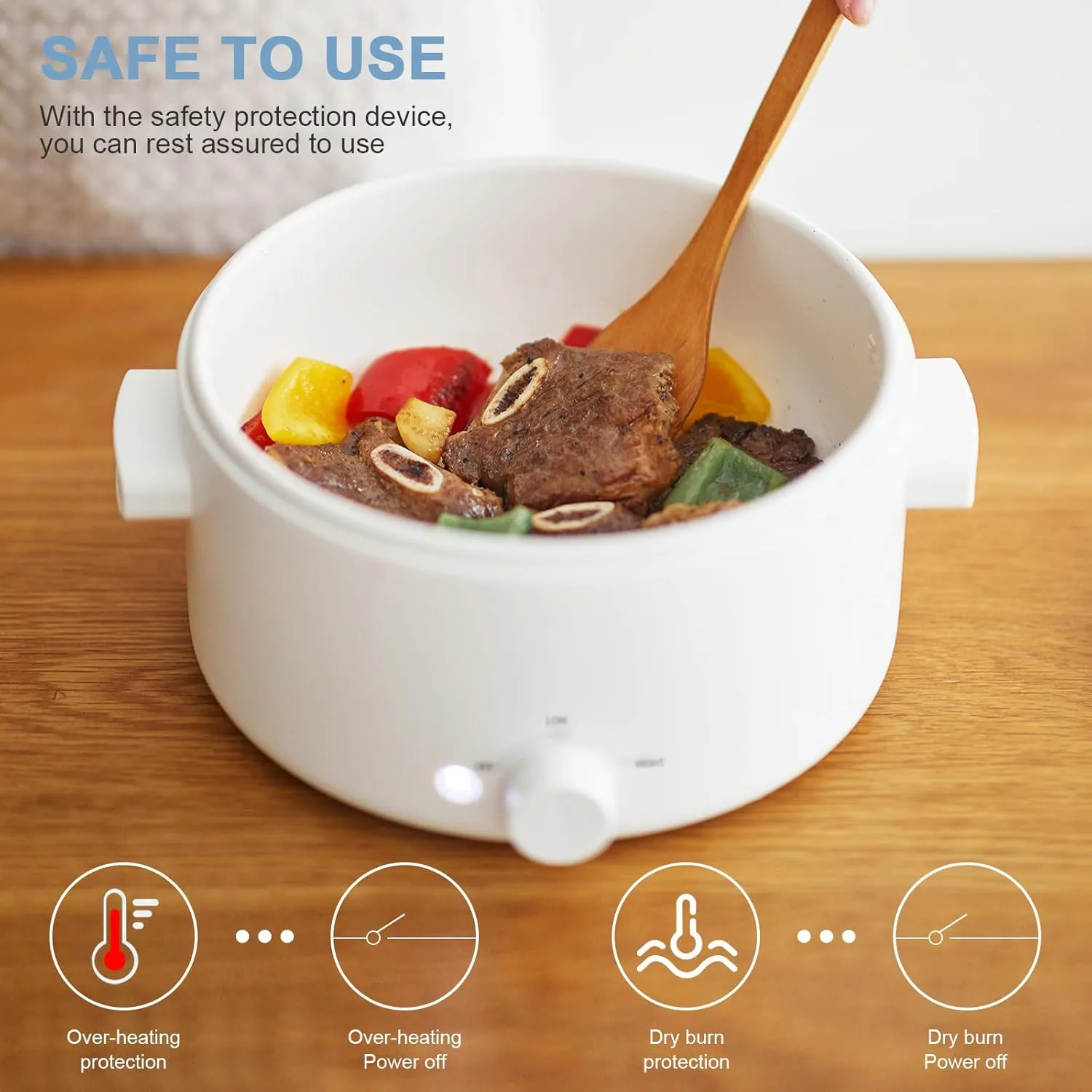 Electric Cooker, 2L Ceramic Glaze Non-stick Pot, Dual Power Multi-functional Electric Cooker, Suitable for Steak, Pasta, Hot Pot, Ramen, Quick Heating and Overheat Protection