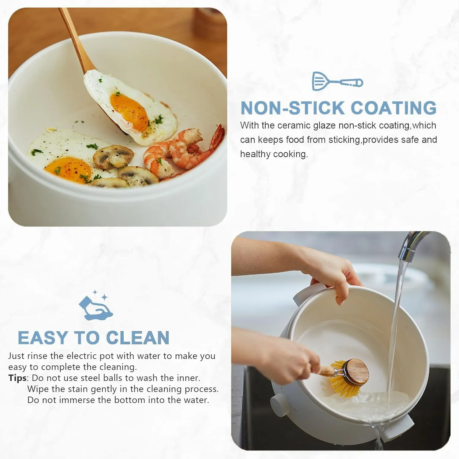 Electric Cooker, 2L Ceramic Glaze Non-stick Pot, Dual Power Multi-functional Electric Cooker, Suitable for Steak, Pasta, Hot Pot, Ramen, Quick Heating and Overheat Protection