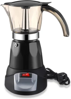Electric Espresso Maker Transparent Coffee Maker Electric Moka Pot Portable Aluminum Espresso Machine Italian Moka Pot with Detachable Base, Coffee Gift for Women Men Home Travel(Black,6 Cup)