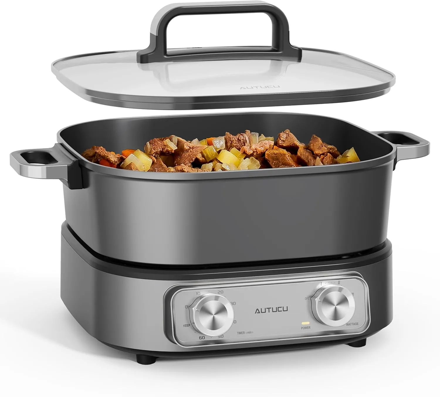 Electric Hot Pot 6-Quart & Multi-Cooker | Non-Stick Electric Skillet with PFOA-Free Ceramic-Coated Pot, 3 Power Settings & Timer, 1600W for Family Meals