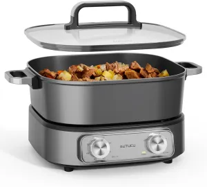 Electric Hot Pot 6-Quart & Multi-Cooker | Non-Stick Electric Skillet with PFOA-Free Ceramic-Coated Pot, 3 Power Settings & Timer, 1600W for Family Meals