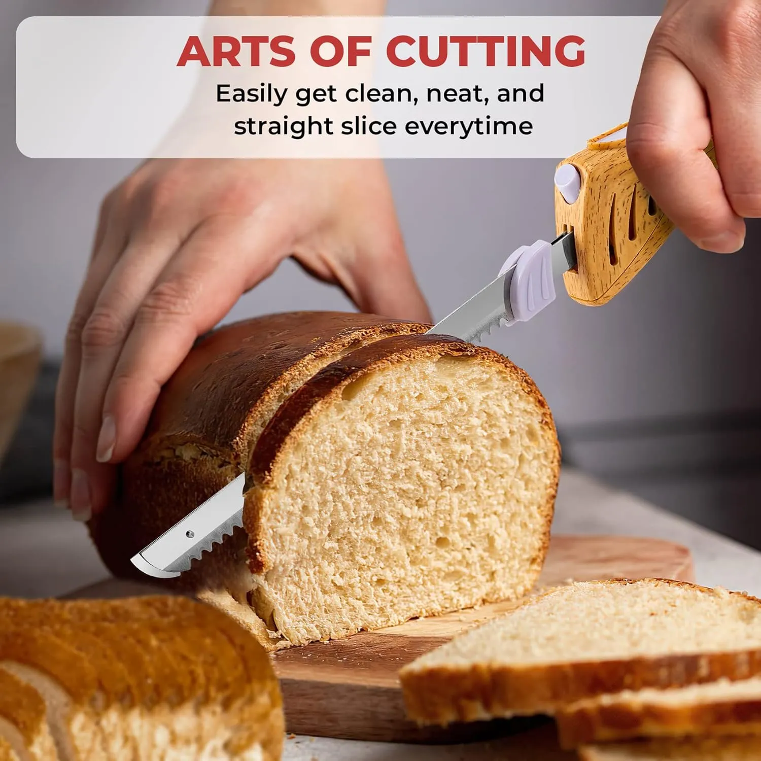 Electric Knife - Easy-Slice Serrated Edge Blades Carving Set for Meat, Bread, Turkey, Ribs, Fillet, DIY, Ergonomic Handle   2 Blades for Raw & Cooked Food(Faux Wood)