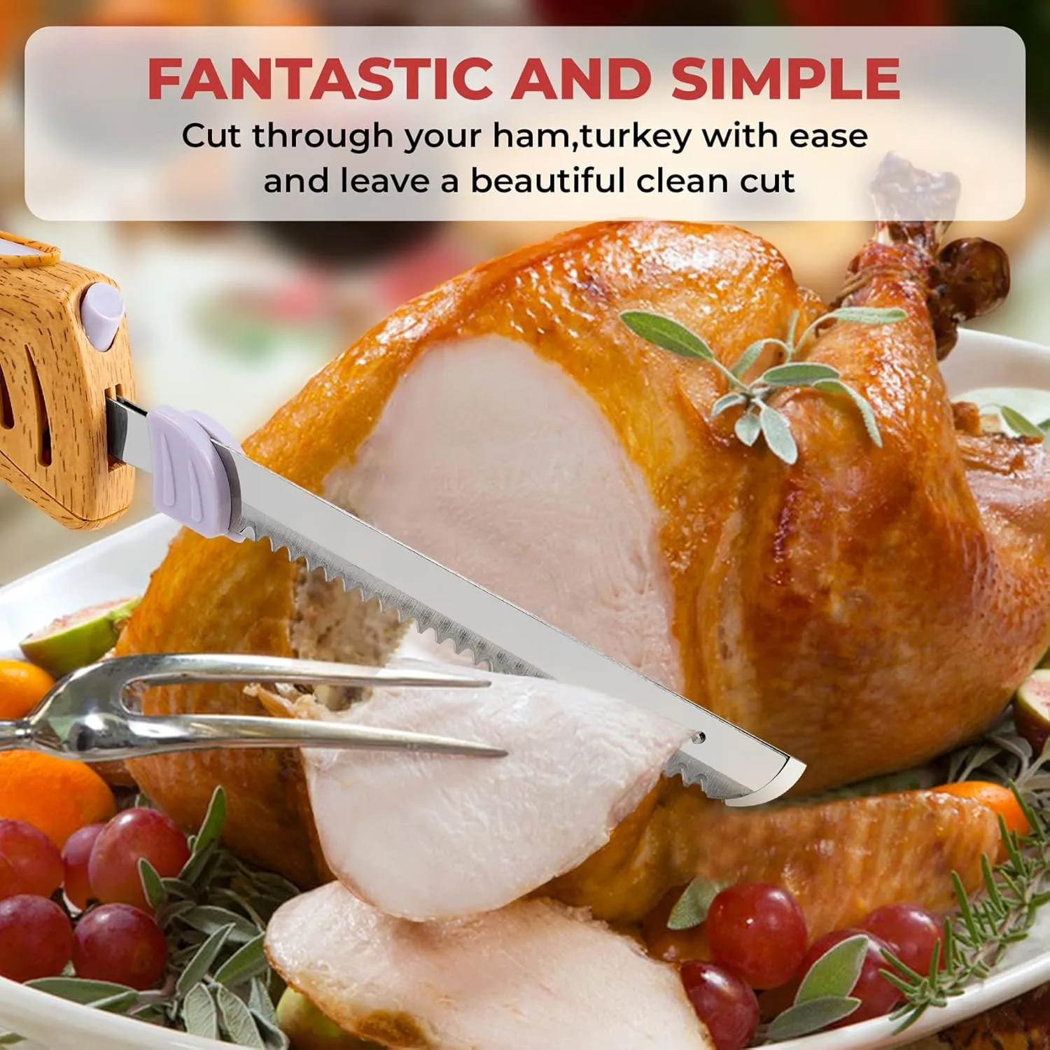Electric Knife - Easy-Slice Serrated Edge Blades Carving Set for Meat, Bread, Turkey, Ribs, Fillet, DIY, Ergonomic Handle   2 Blades for Raw & Cooked Food(Faux Wood)