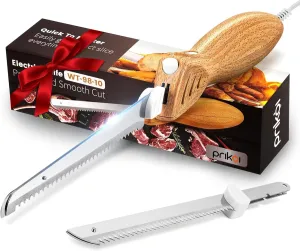 Electric Knife - Easy-Slice Serrated Edge Blades Carving Set for Meat, Bread, Turkey, Ribs, Fillet, DIY, Ergonomic Handle   2 Blades for Raw & Cooked Food(Faux Wood)