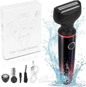 Electric Shaver for Women, Cordless 3 in 1 Rechargeable Razor for Bikini Trimmer Face Legs,Underarm and Eyebrow Public Hairs Portable Electric Razor for Womens,Wet and Dry Use Painless