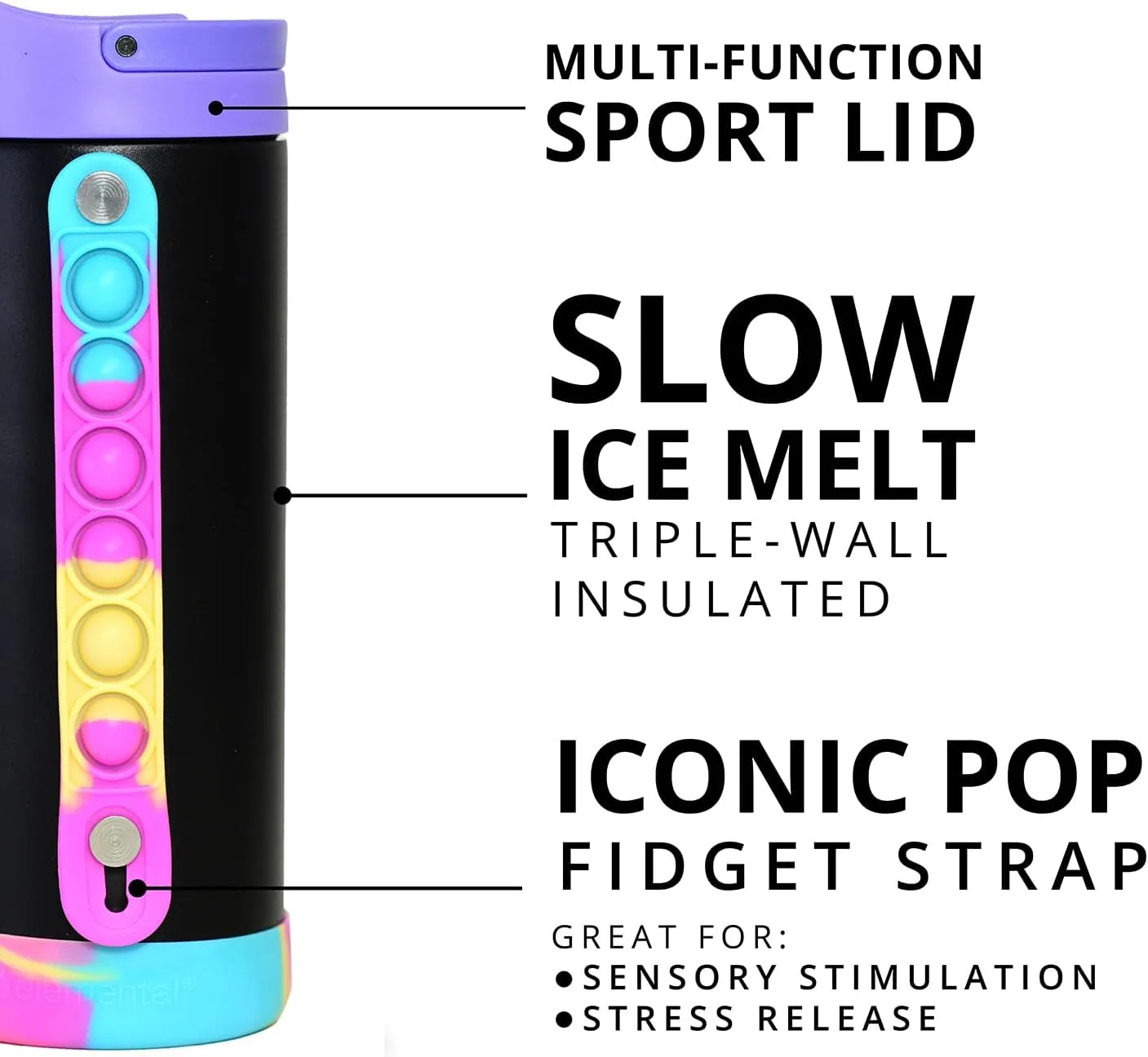 Elemental Iconic Kids Water Bottle with Straw Lid & Stress Relief Pop It Handle, Leak-Proof When Closed, Triple Insulated Kids Stainless Steel Water Bottle For Girls and Boys, 14oz - Black Tie Dye