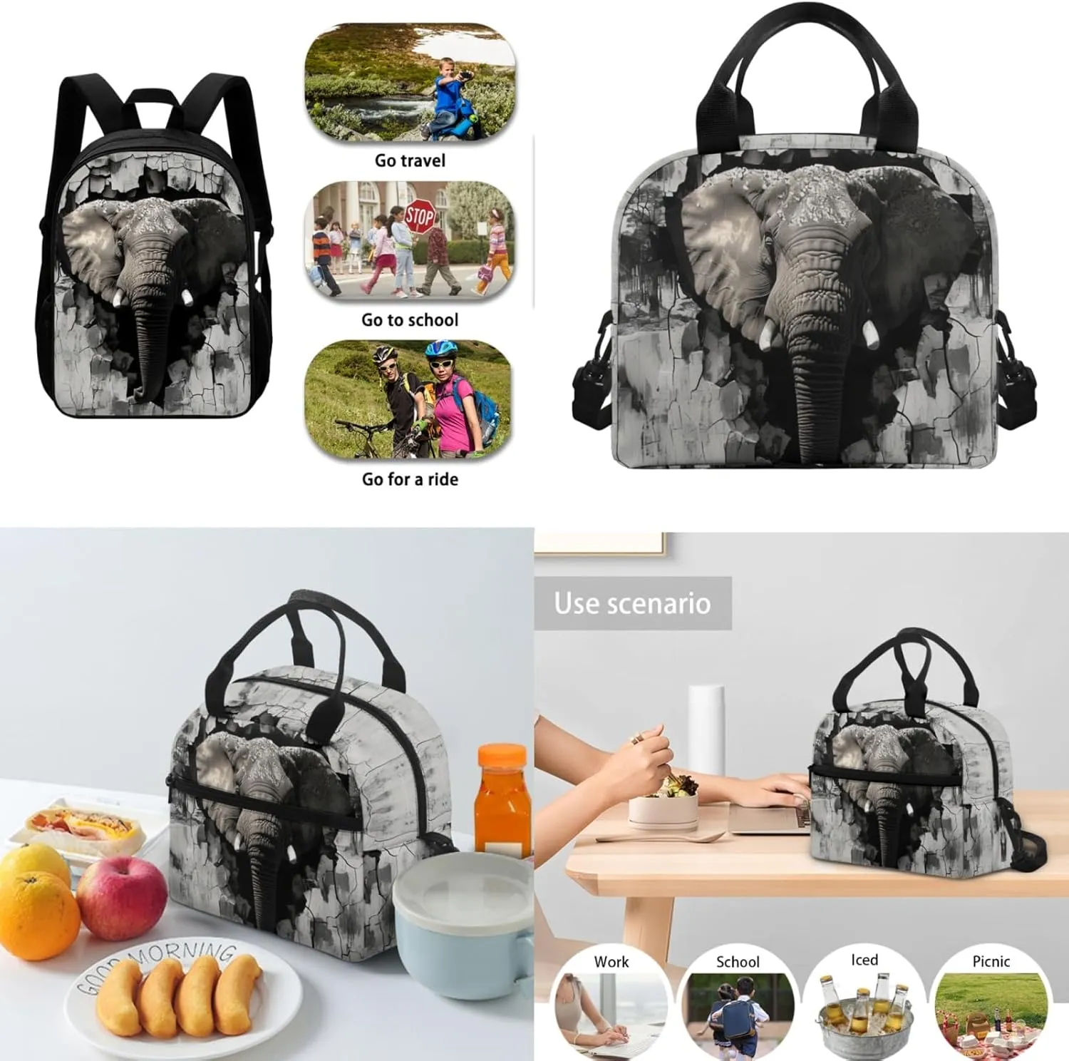 Elephant Boys Backpack with Lunch Box Set for Elementary Kids 17 Inch School Bag for Age 3-10 Children Bookbag with Water Bottle 3 Pcs Sets for Back to School