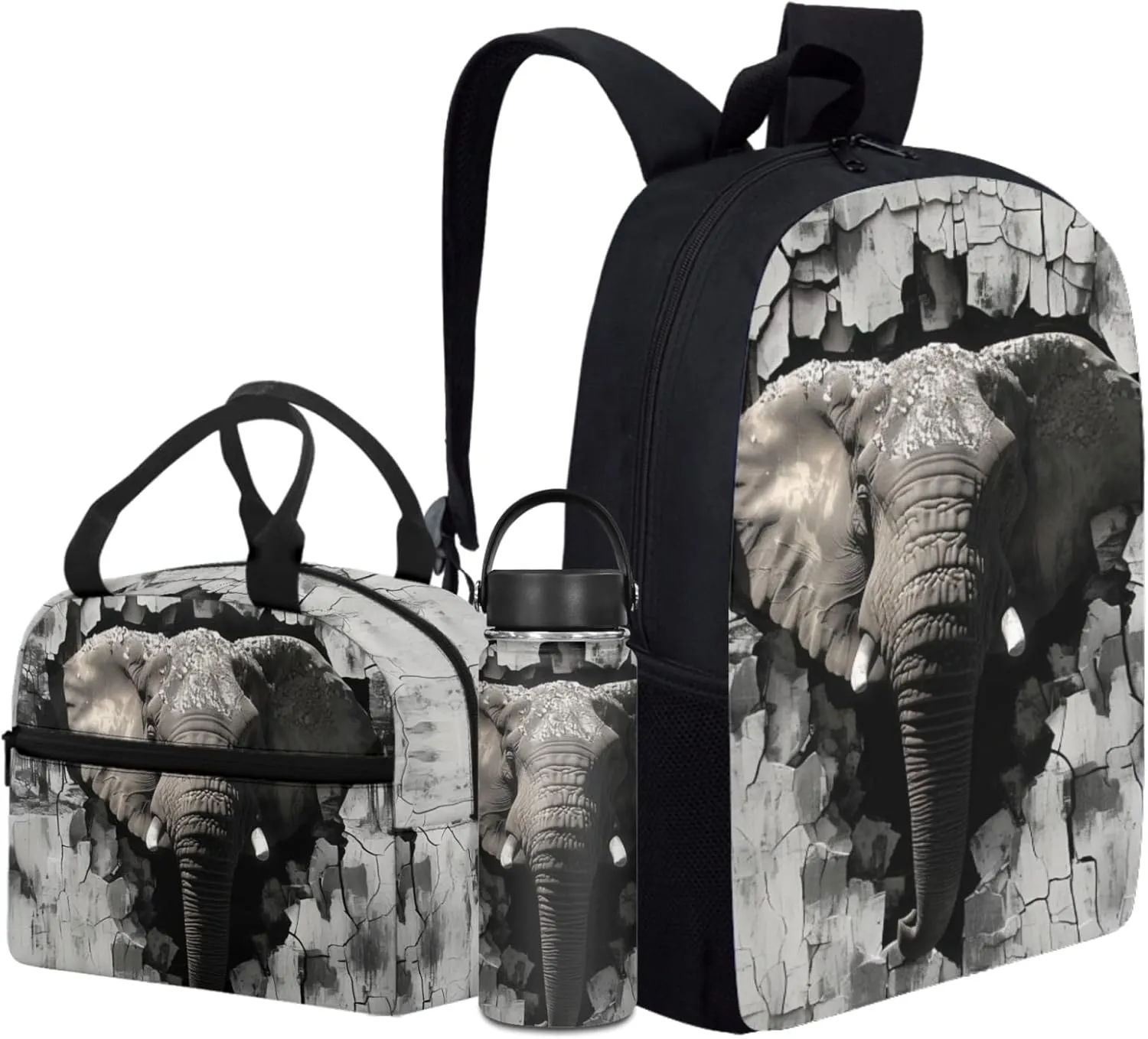 Elephant Boys Backpack with Lunch Box Set for Elementary Kids 17 Inch School Bag for Age 3-10 Children Bookbag with Water Bottle 3 Pcs Sets for Back to School