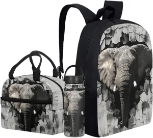 Elephant Boys Backpack with Lunch Box Set for Elementary Kids 17 Inch School Bag for Age 3-10 Children Bookbag with Water Bottle 3 Pcs Sets for Back to School