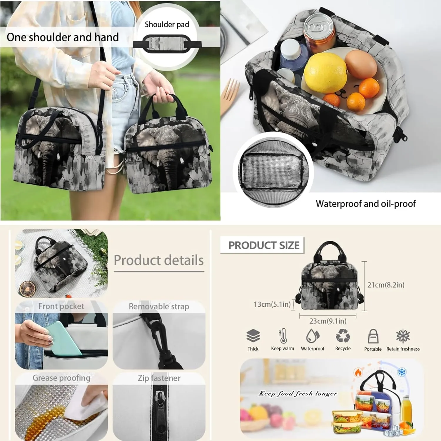 Elephant Boys Backpack with Lunch Box Set for Elementary Kids 17 Inch School Bag for Age 3-10 Children Bookbag with Water Bottle 3 Pcs Sets for Back to School