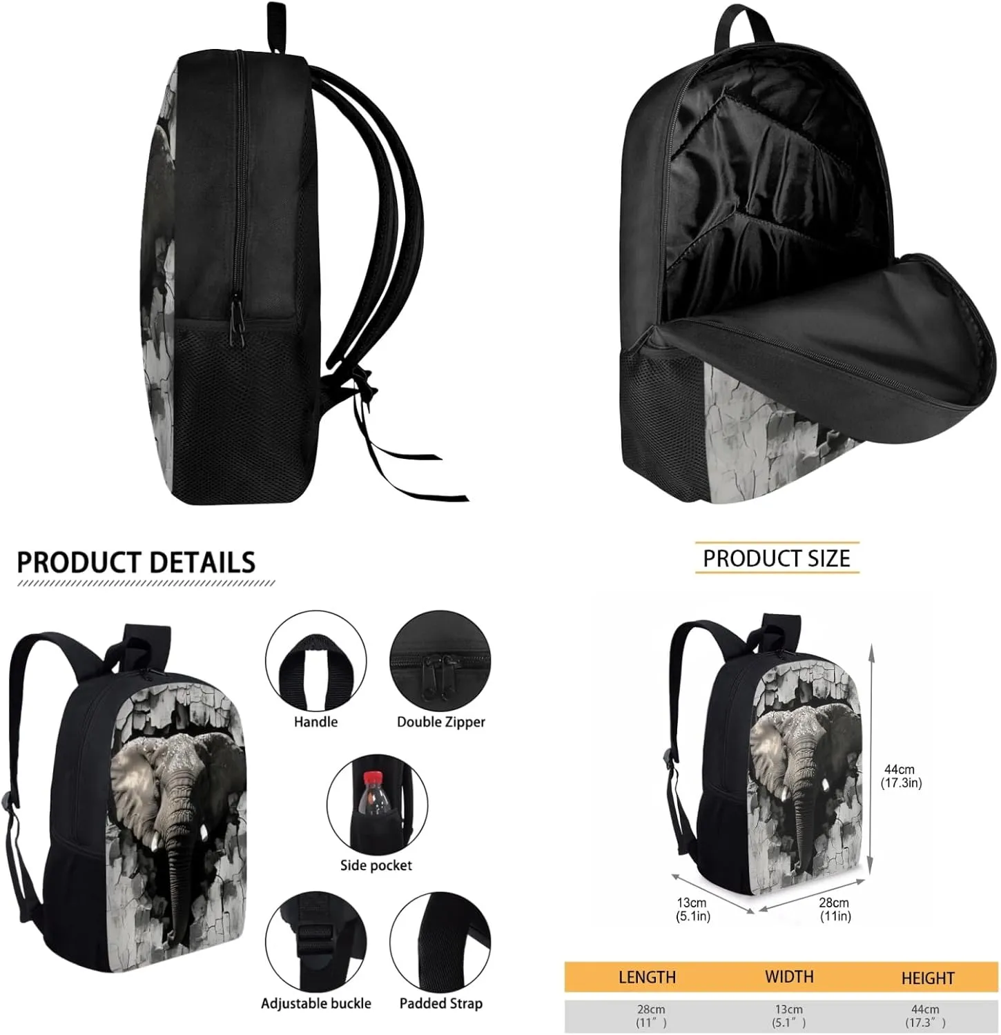 Elephant Boys Backpack with Lunch Box Set for Elementary Kids 17 Inch School Bag for Age 3-10 Children Bookbag with Water Bottle 3 Pcs Sets for Back to School