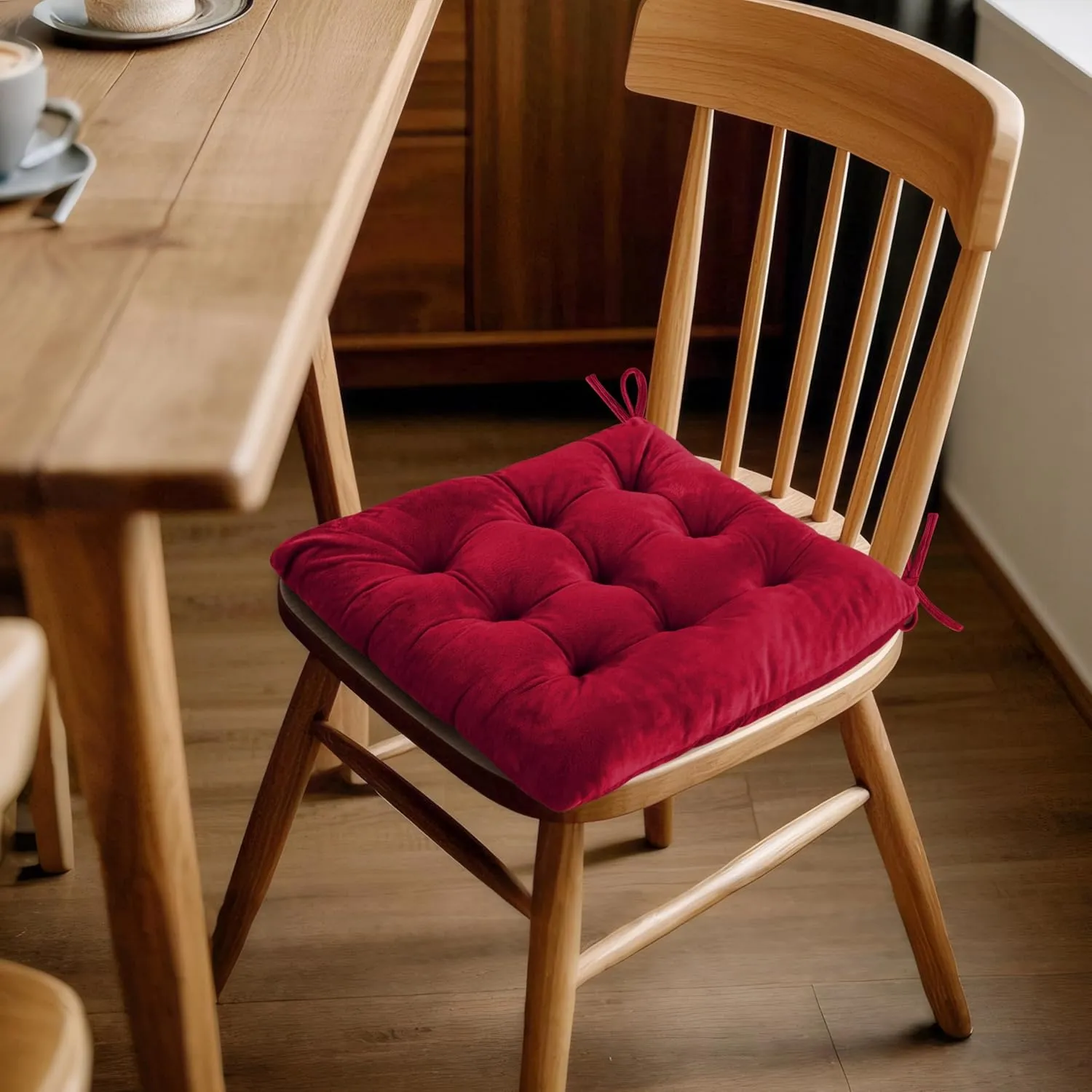 ELFJOY 4 Pack Chair Cushions for Dining Chairs Chair Pads Cushion for Kitchen Office Tufted Square Seat Cushion with Ties (16" Burgundy Velvet)