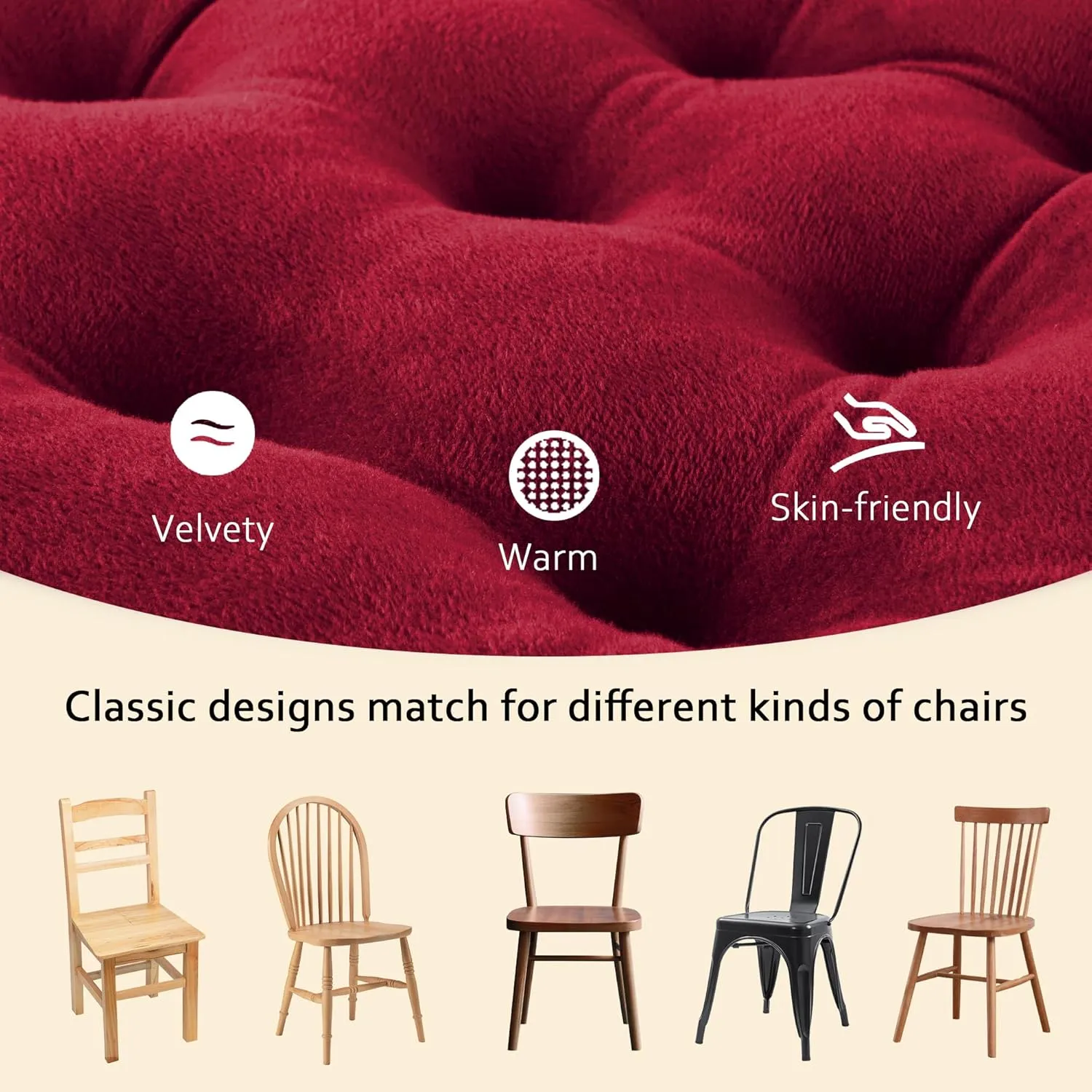ELFJOY 4 Pack Chair Cushions for Dining Chairs Chair Pads Cushion for Kitchen Office Tufted Square Seat Cushion with Ties (16" Burgundy Velvet)