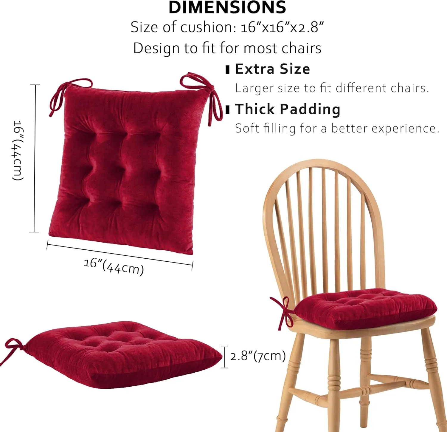 ELFJOY 4 Pack Chair Cushions for Dining Chairs Chair Pads Cushion for Kitchen Office Tufted Square Seat Cushion with Ties (16" Burgundy Velvet)