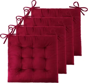 ELFJOY 4 Pack Chair Cushions for Dining Chairs Chair Pads Cushion for Kitchen Office Tufted Square Seat Cushion with Ties (16" Burgundy Velvet)