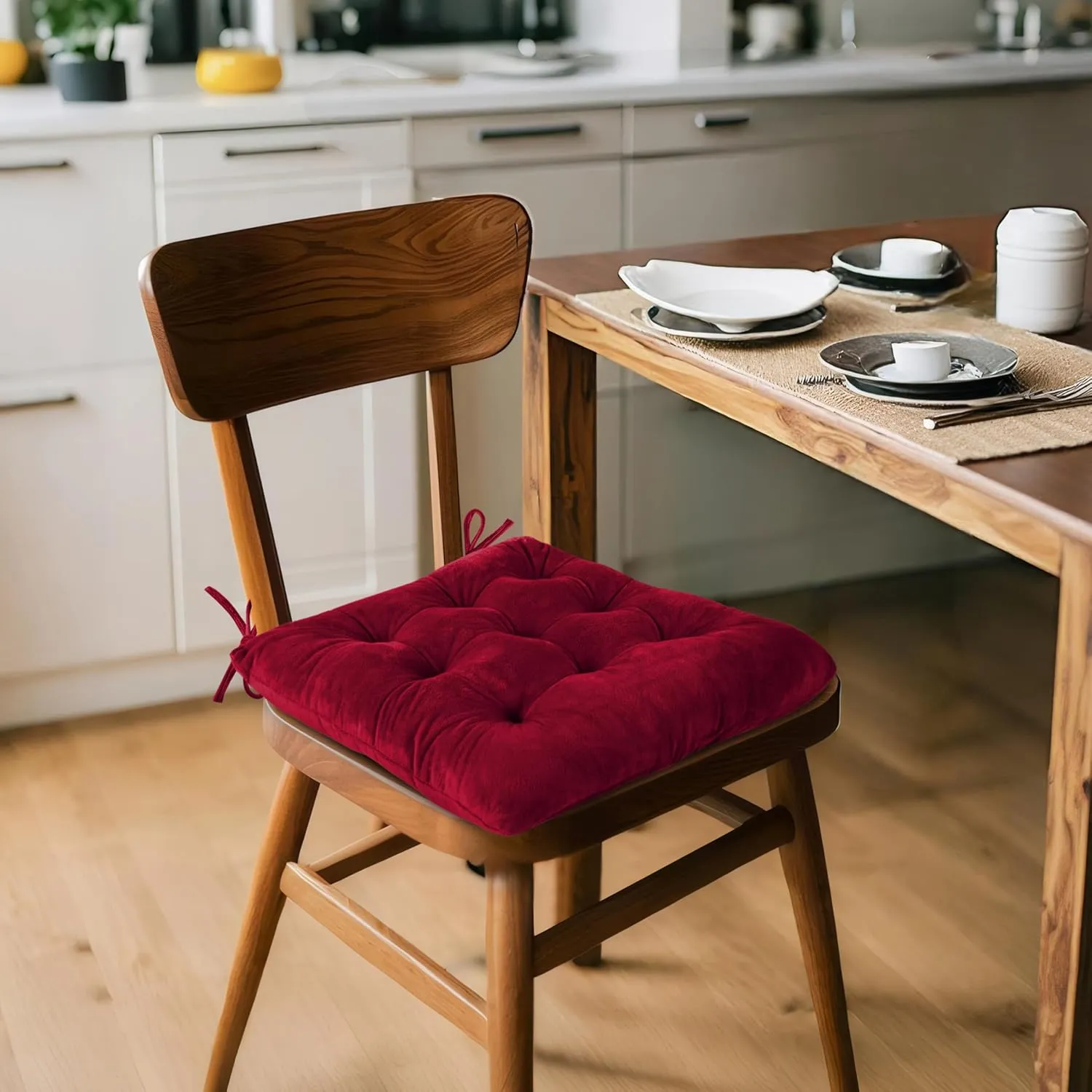 ELFJOY 4 Pack Chair Cushions for Dining Chairs Chair Pads Cushion for Kitchen Office Tufted Square Seat Cushion with Ties (16" Burgundy Velvet)