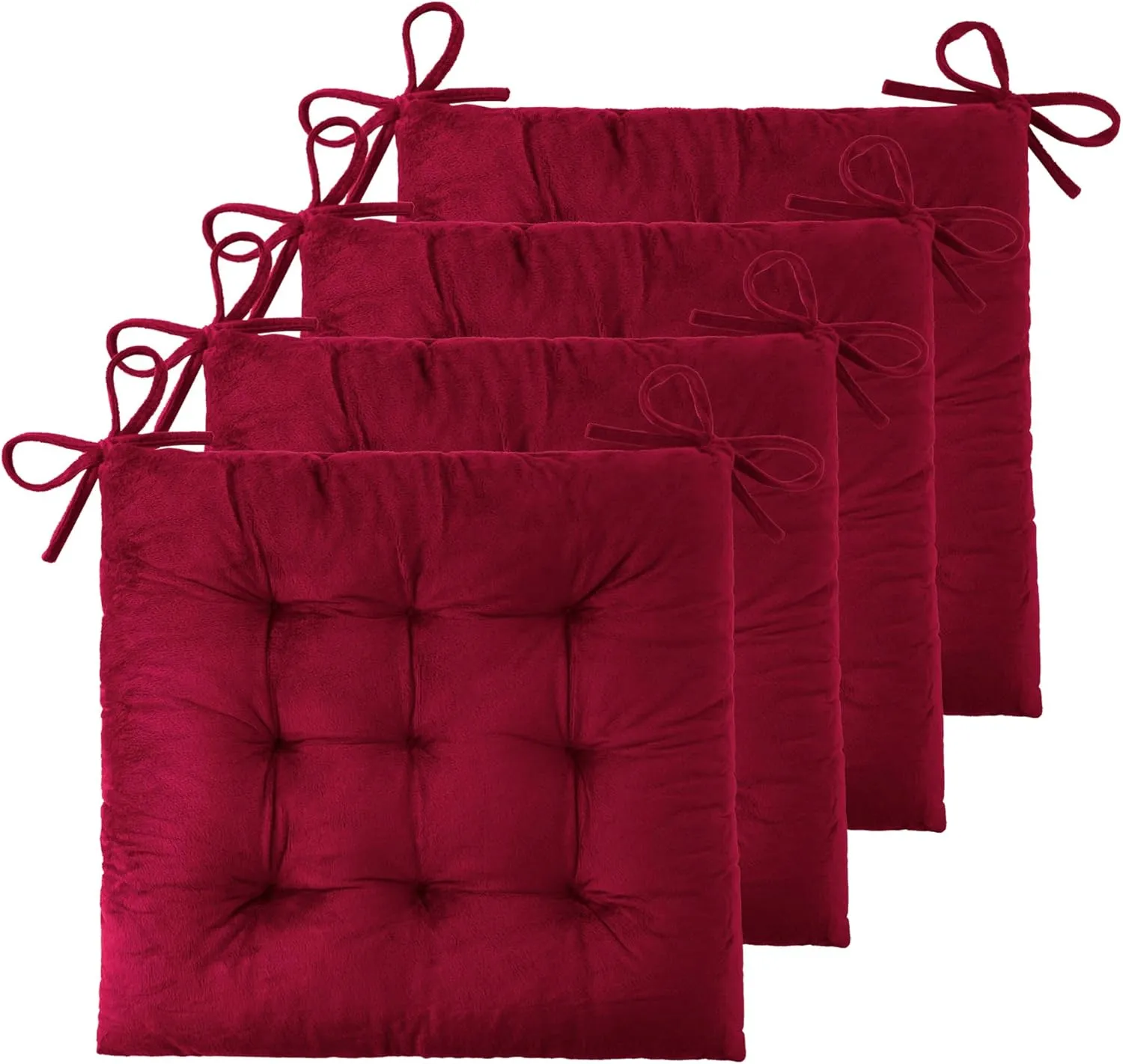 ELFJOY 4 Pack Chair Cushions for Dining Chairs Chair Pads Cushion for Kitchen Office Tufted Square Seat Cushion with Ties (16" Burgundy Velvet)