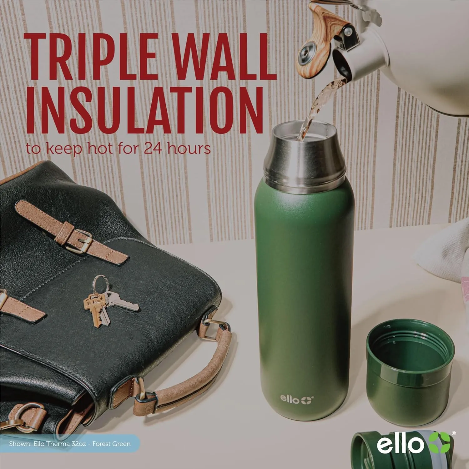 Ello Therma 32oz Insulated Stainless Steel Thermos for Hot & Cold Beverages with Leak Proof Lid & Built-in Cup, Triple Wall Insulation, Hot 24 Hrs, Perfect for Coffee,Tea, Dishwasher Safe, Green