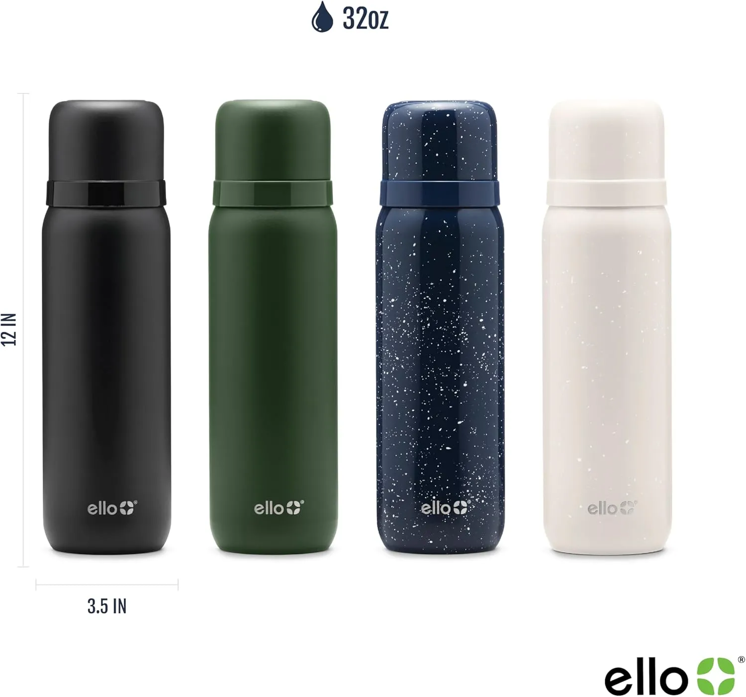 Ello Therma 32oz Insulated Stainless Steel Thermos for Hot & Cold Beverages with Leak Proof Lid & Built-in Cup, Triple Wall Insulation, Hot 24 Hrs, Perfect for Coffee,Tea, Dishwasher Safe, Green