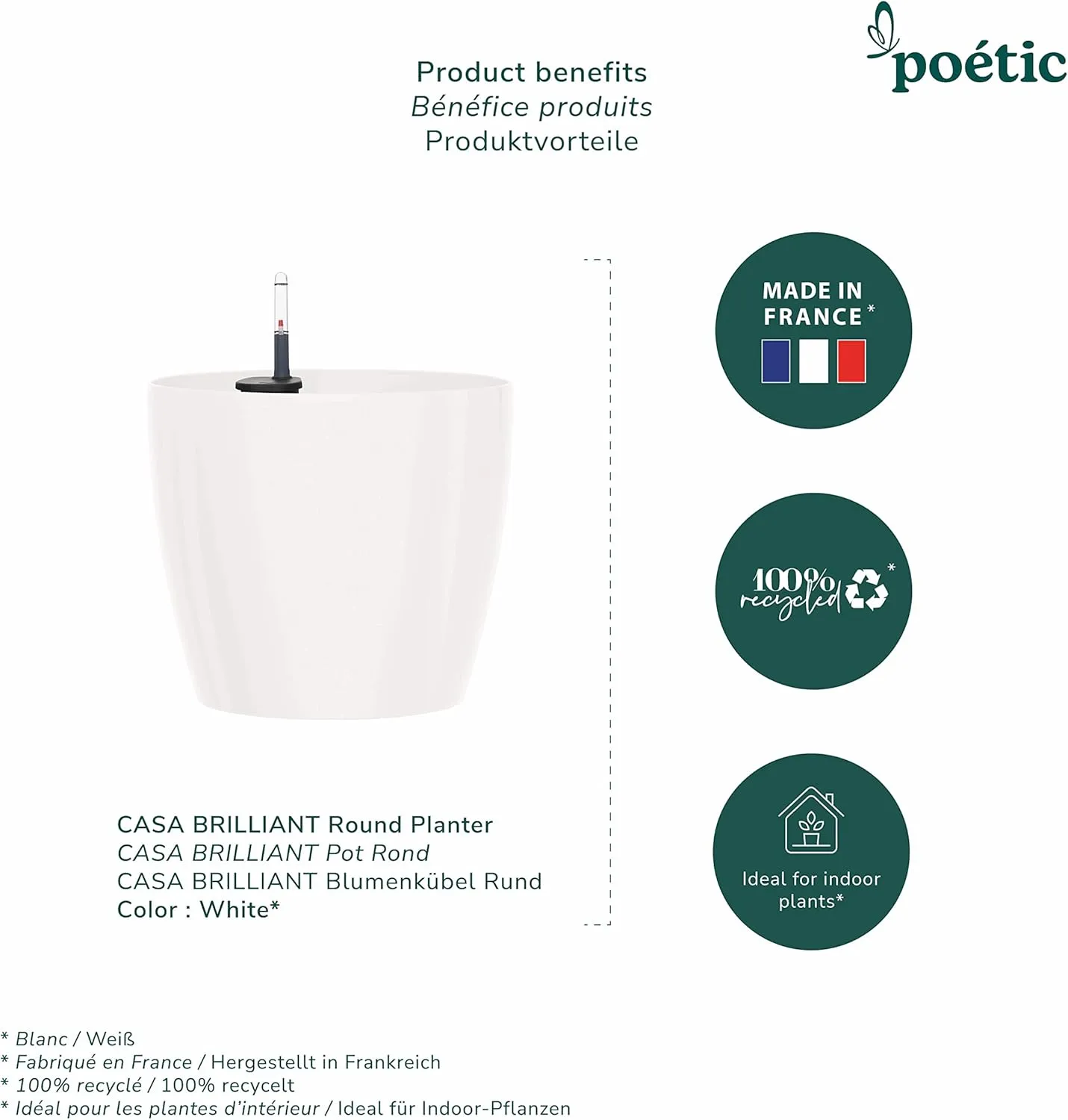 EMSA Flower Pot, Self Watering System, 脴 25cm, White, CASA Brilliant, 517563