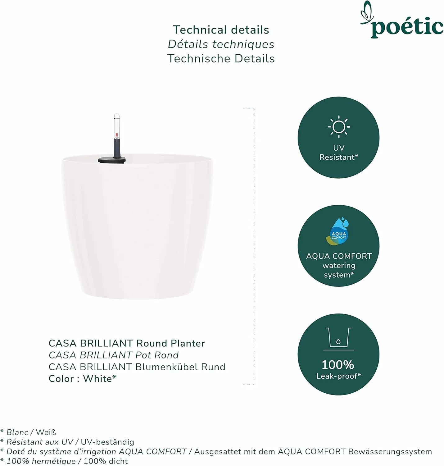 EMSA Flower Pot, Self Watering System, 脴 25cm, White, CASA Brilliant, 517563