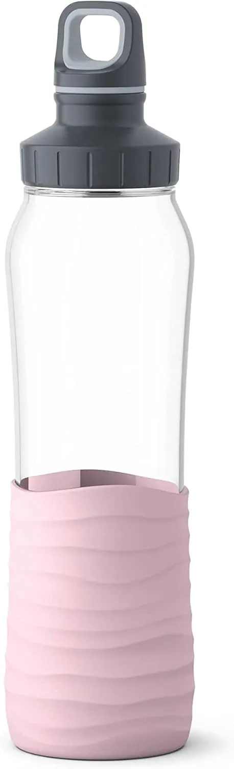 Emsa N31005 Drink2Go Glass Drinking Bottle | Capacity 0.7 Litres | Screw Cap | 100% Leak-Proof | Dishwasher Safe | Pink